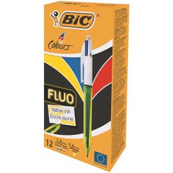 BIC 4Colours Fluo Bolígrafo retráctil con clip Negro, Azul, Rojo, Amarillo 12 pieza(s)
