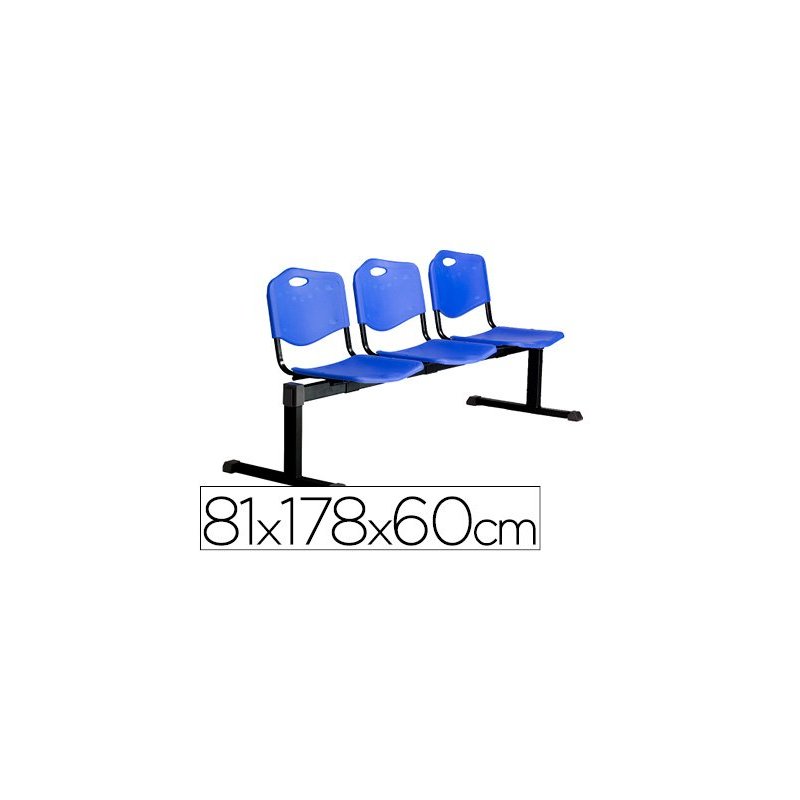 Bancada de espera pyc pozohondo estructura hierro negro tres asientos y respaldo pvc azul 81x178x60