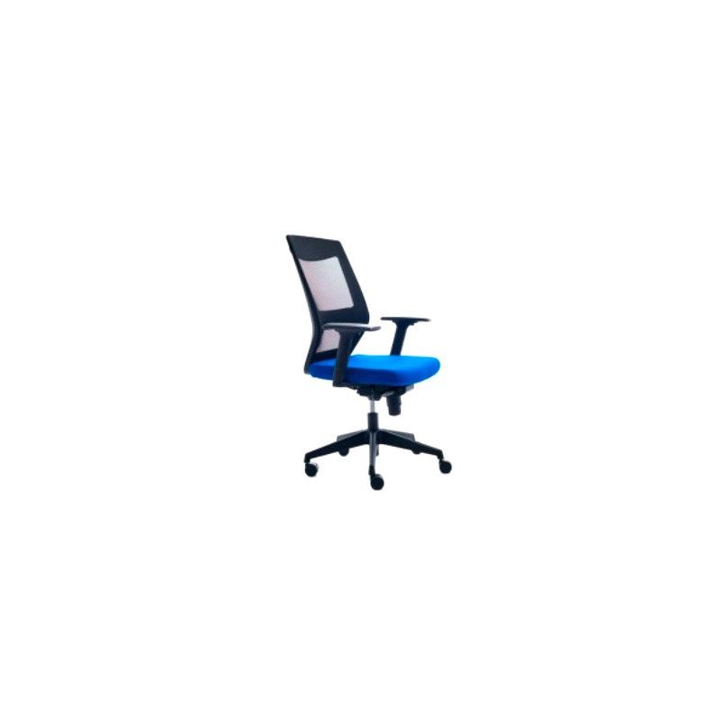Silla rocada de oficina con brazos tapizada en tela ignifuga azul y respaldo en polimero negro