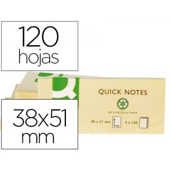 Bloc de notas adhesivas quita y pon q-connect 38x51 mm papel reciclado amarillo con 120 hojas