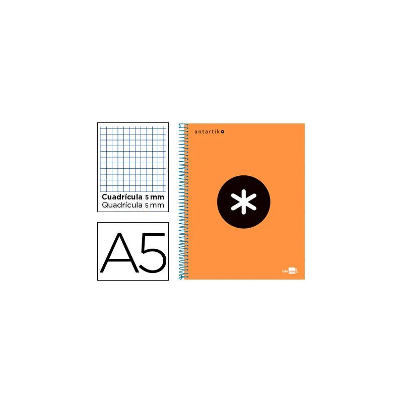 Cuaderno espiral liderpapel a5 micro antartik tapa forrada 120h 100 gr cuadro5mm 5 bandas 6 taladros color naranja flulu