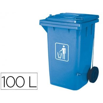 Papelera contenedor q-connect plastico con tapadera 100l color azul 750x470x370 mm con ruedas