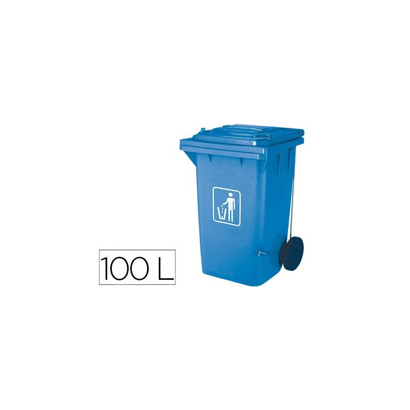 Papelera contenedor q-connect plastico con tapadera 100l color azul 750x470x370 mm con ruedas