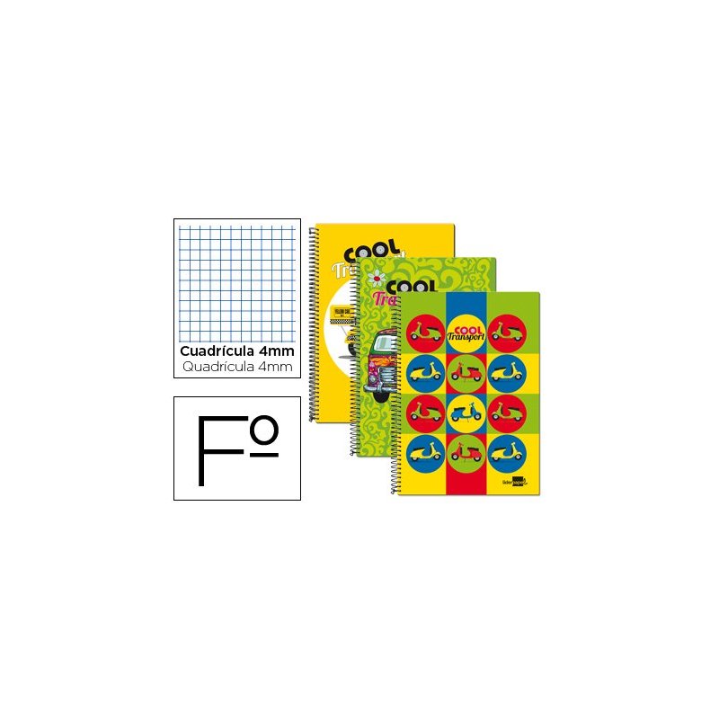 Cuaderno espiral liderpapel folio 80h cuadro 4mm tapa blanda 60 gr fantasia cool transports