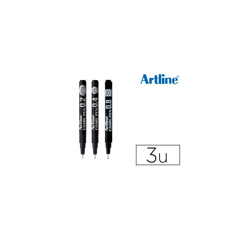 Rotulador artline comic pen calibrado micrometrico negro bolsa de 3 uds 0,2 0,4 0,8 mm