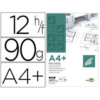 Papel dibujo liderpapel a4+ 320x240mm 90g m2 vegetal sobre de 12 hojas