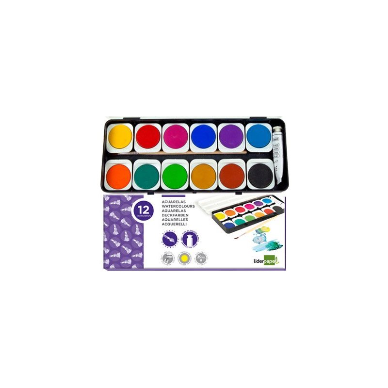 Acuarela liderpapel 12 colores con pincel y tubo de tempera blanca estuche de plastico