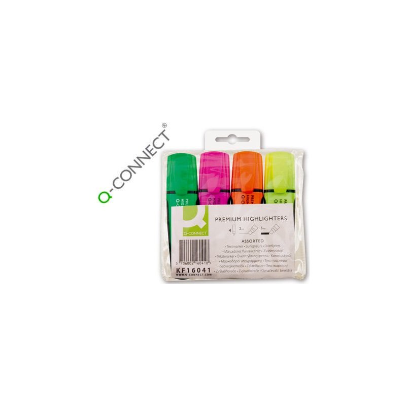 Rotulador q-connect fluorescente premium estuche de 4 colores surtidos punta biselada con sujecion de