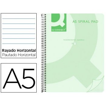 Cuaderno espiral q connect a5 micro tapa plastico 80h 70g horizontal sin bandas 6 taladros verde