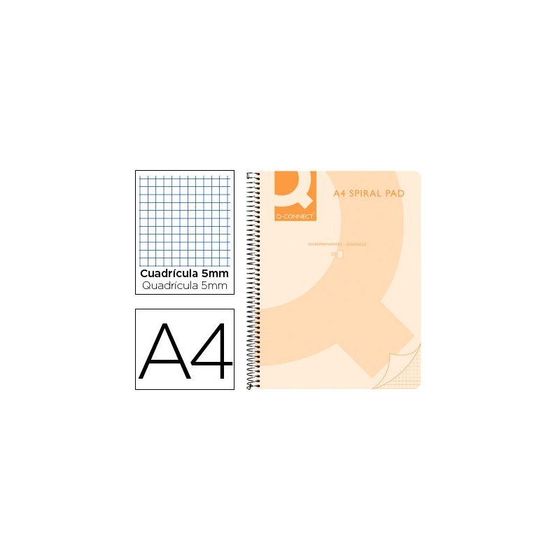 Cuaderno espiral q connect a4 micro tapa plastico 80h 70g cuadro 5mm sin bandas 4 taladros naranja