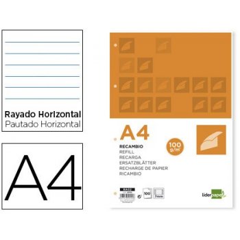 Recambio liderpapel a4 100 hojas 100g m2 horizontal con ddoble margen 4 taladros