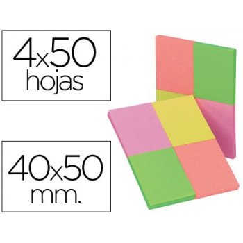 Bloc de notas adhesivas quita y pon q-connect 40x50 mm con 50 hojas fluorescentes pack de 4 unidades