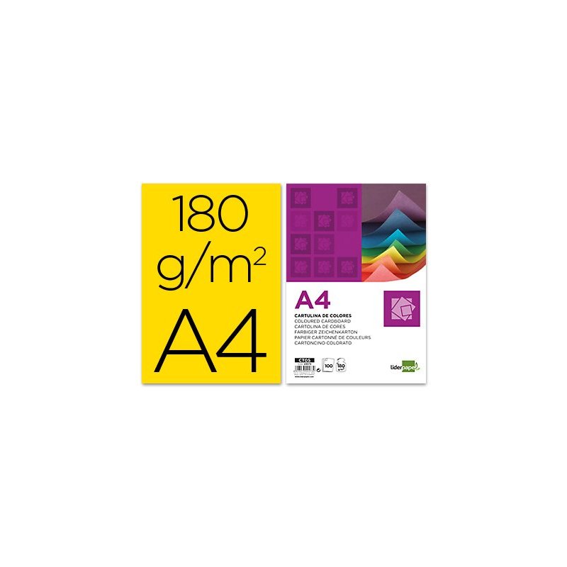 Cartulina liderpapel a4 180g m2 amarillo paquete de 100