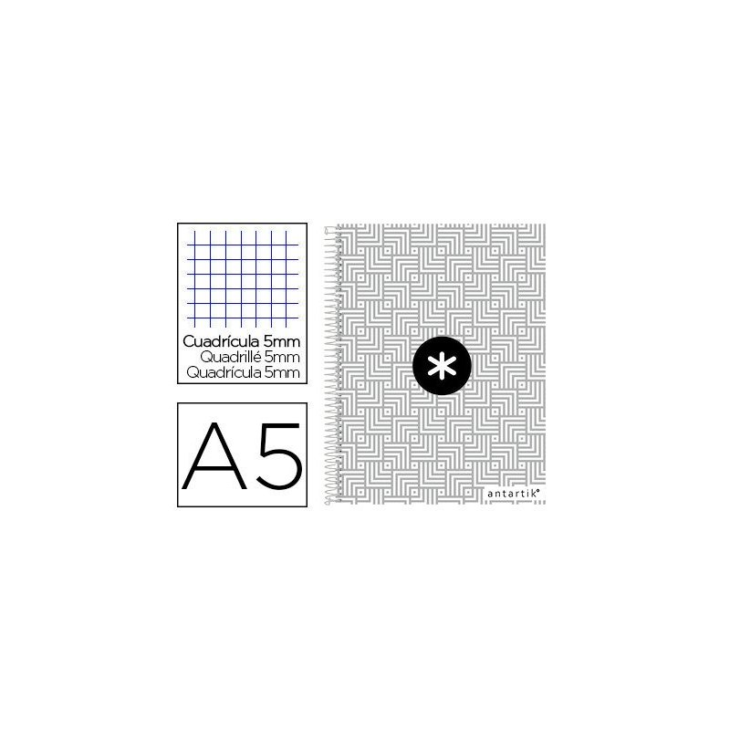 Cuaderno espiral liderpapel a5 micro antartik tapa forrada120h 100 gr cuadro 5mm 5 banda6 taladros trending gris
