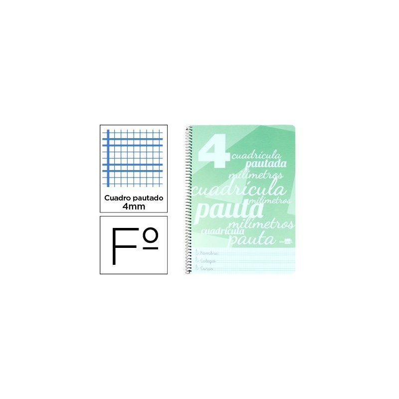 Cuaderno espiral liderpapel folio pautaguia tapa plastico 80h 80gr cuadro pautado 4mm con margen color verde