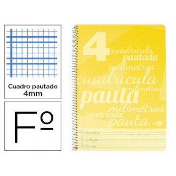 Cuaderno espiral liderpapel folio pautaguia tapa plastico 80h 80gr cuadro pautado 4mm con margen color amarillo