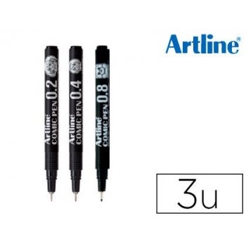 Rotulador artline comic pen calibrado micrometrico negro bolsa de 3 uds 0,2 0,4 0,8 mm